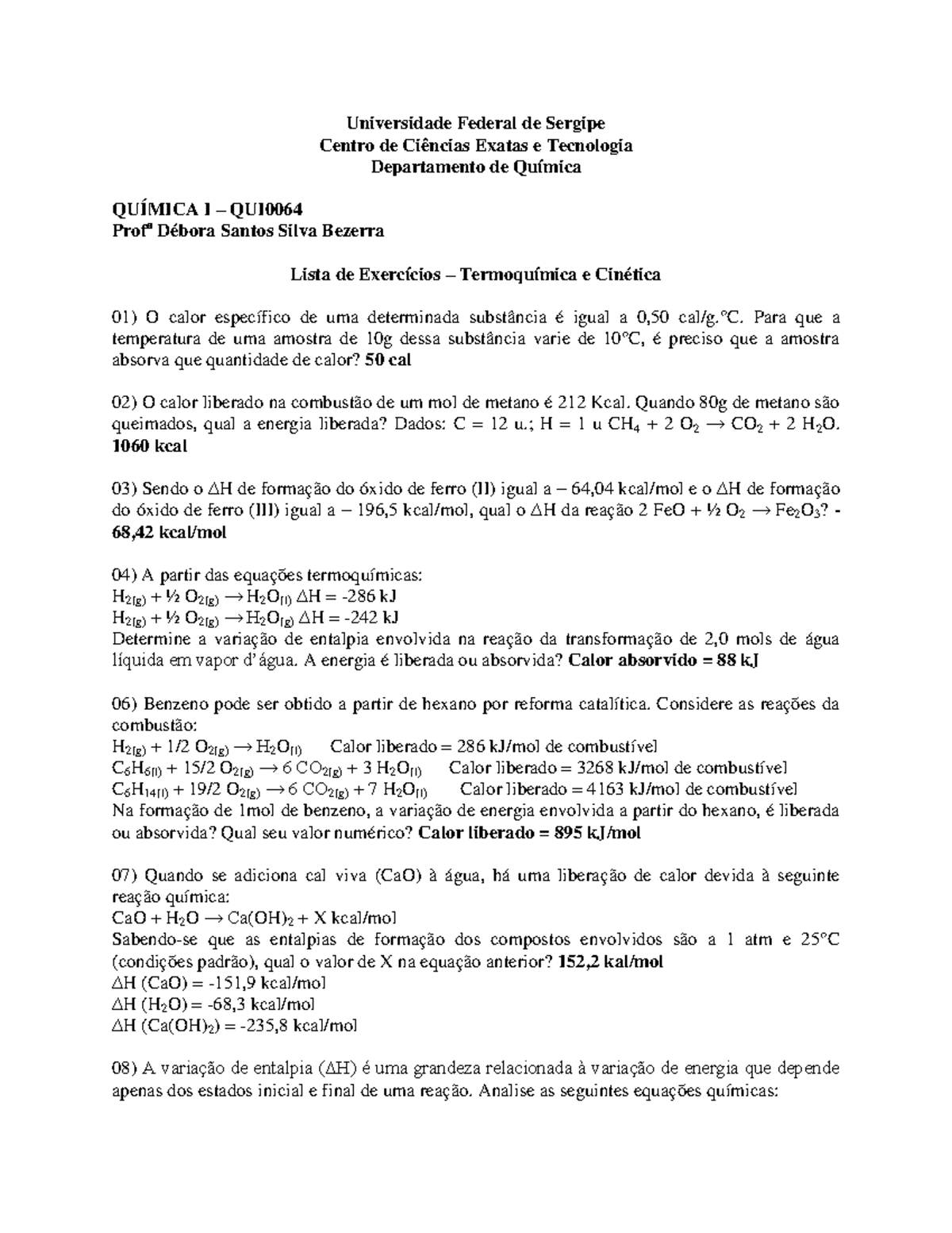 Lista De Exericios 04 Termoquimica E Cinetica Studocu