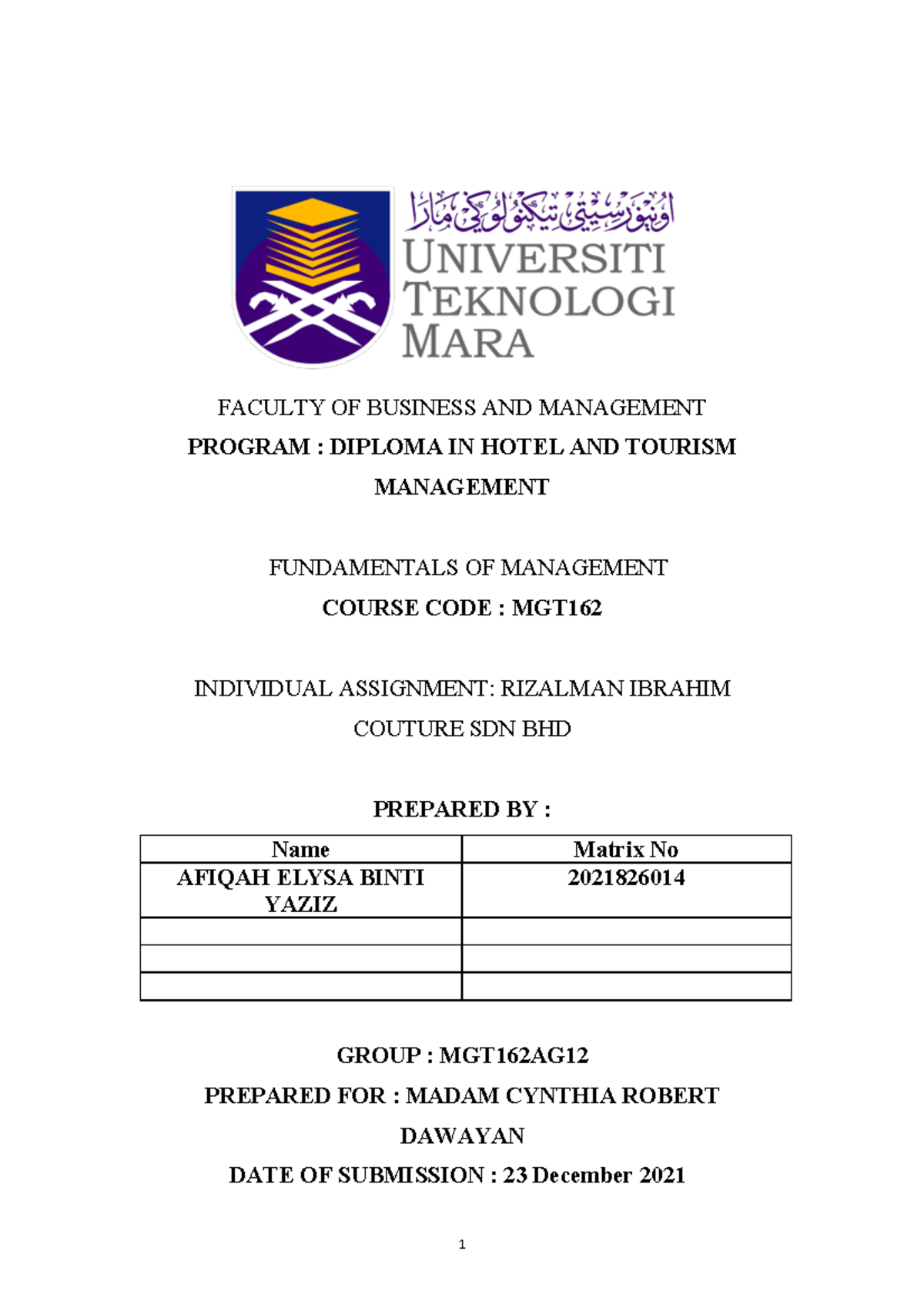 mgt assignment sem1 - FACULTY OF BUSINESS AND MANAGEMENT PROGRAM ...