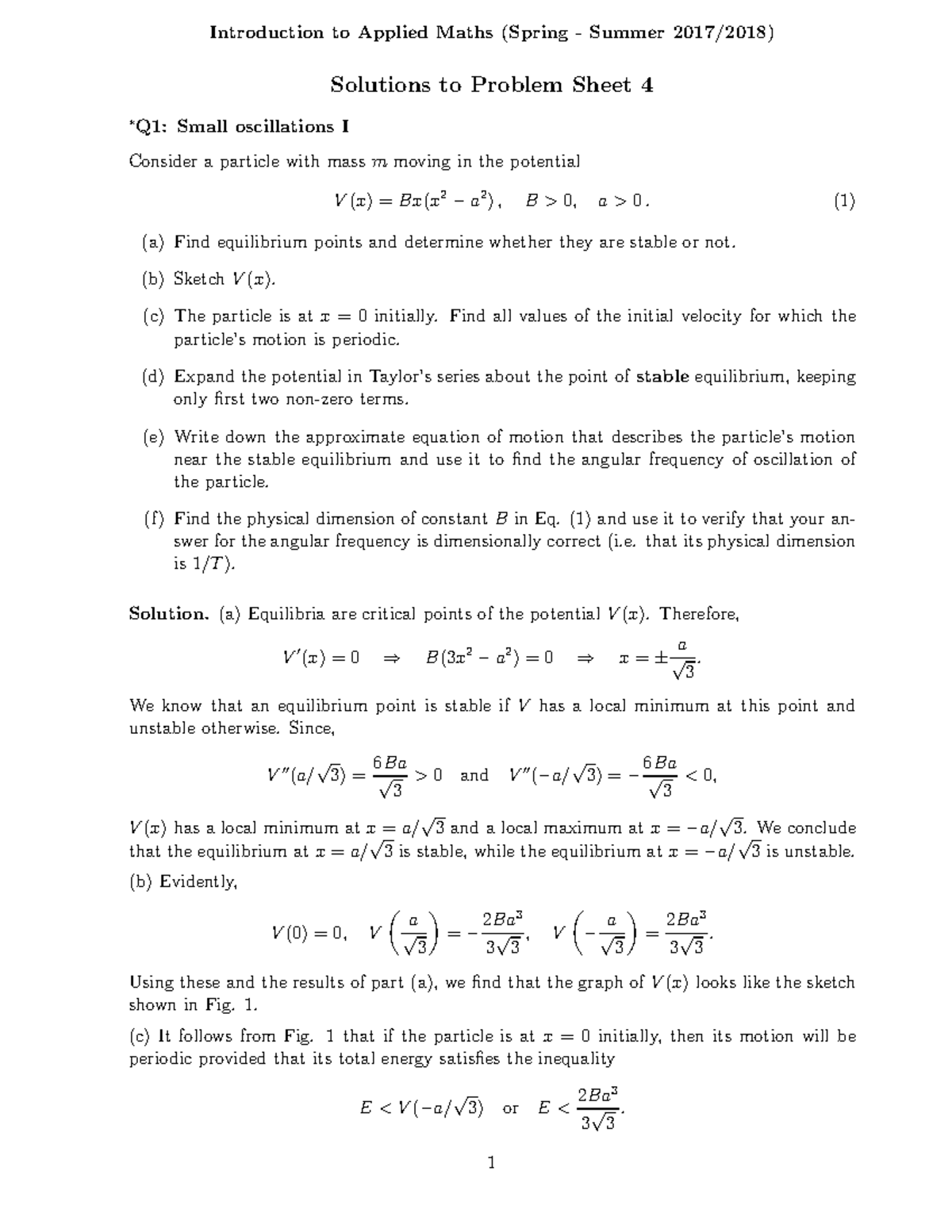 2018 IAM Problem Sheet 4 solutions - Introduction to Applied Maths ...