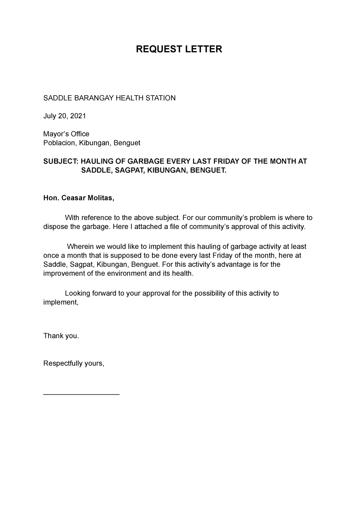 Request Letter Request Letter Saddle Barangay Health Station July Mayors Office