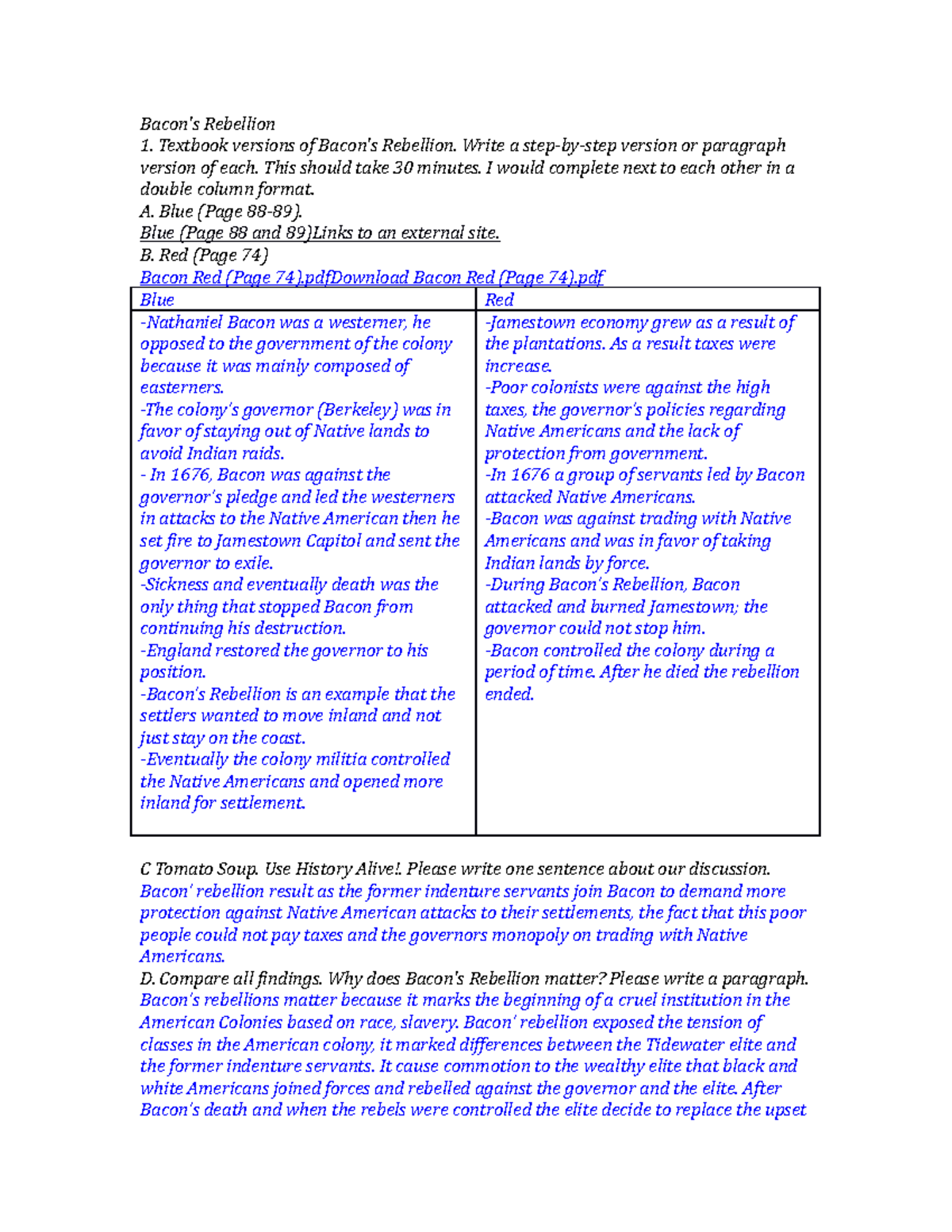 Bacon Rebelion Write a stepbystep version or paragraph version of