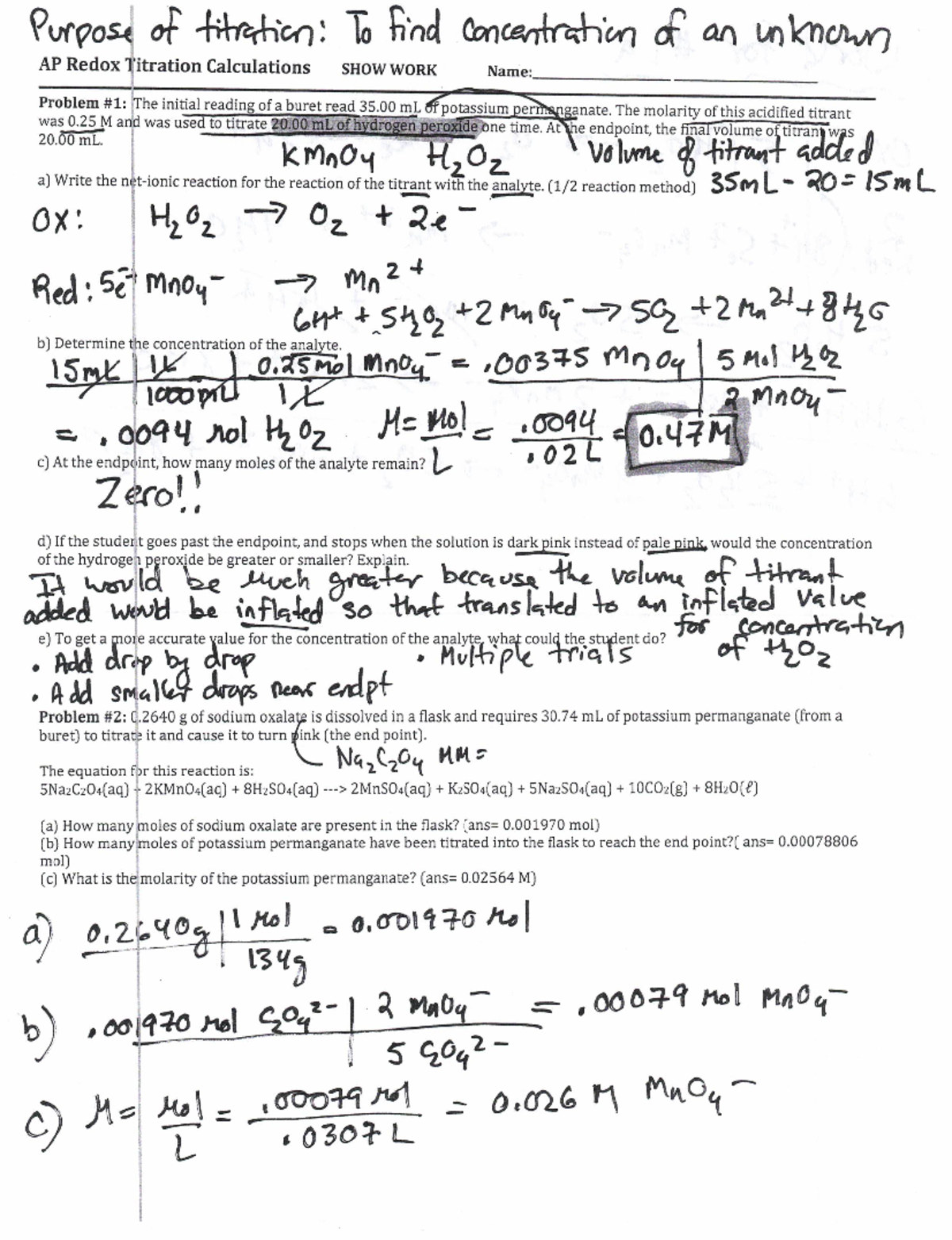 819 Notes Redox Titration Calculations Purpose Of Titration To Find Concentration Of An 2320