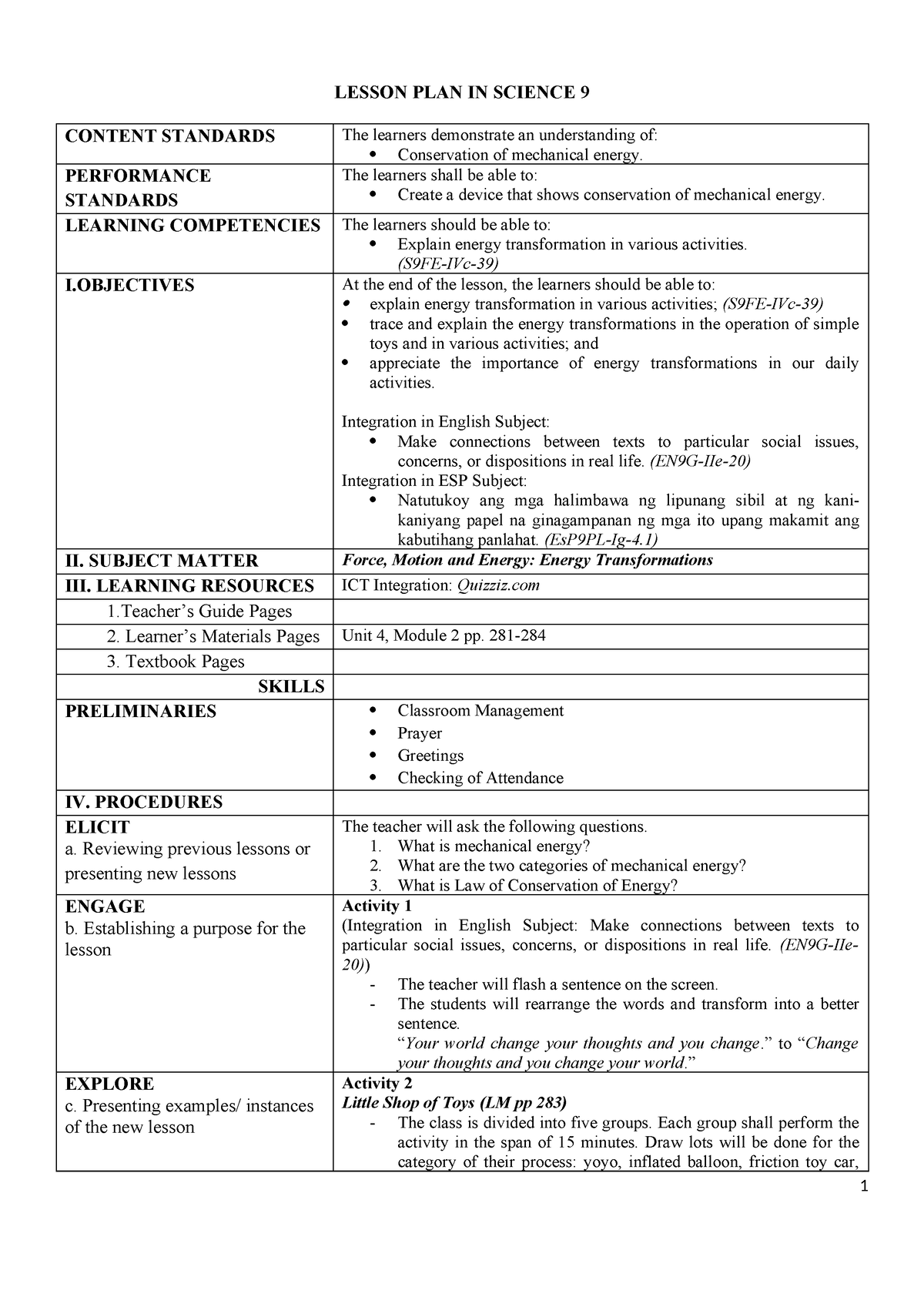 2 Ndcot - Sample LP - LESSON PLAN IN SCIENCE 9 CONTENT STANDARDS The ...