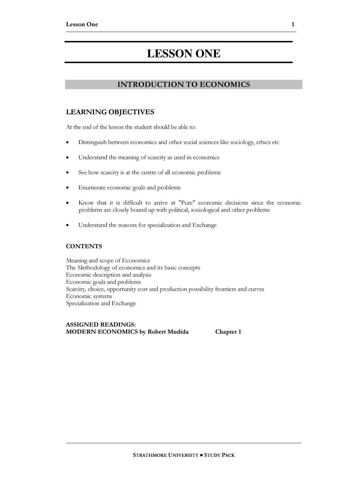 Lesson 1 Econ - Lecture Notes 1 - Lesson One STRATHMORE UNIVERSITY ...