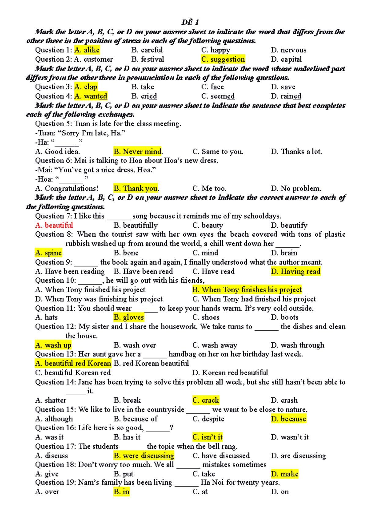 ĐỀ Luyện - Eng - ĐỀ 1 Mark The Letter A, B, C, Or D On Your Answer ...