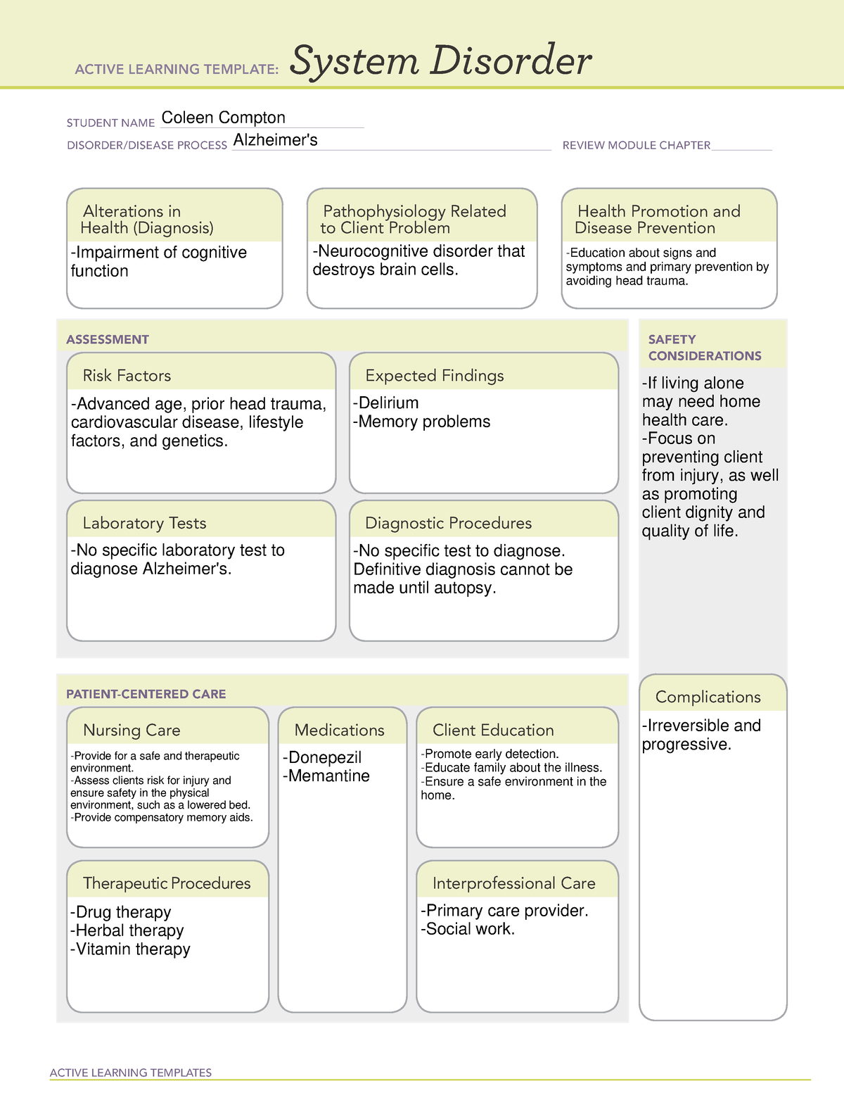 Alzheimers ATI Worksheet ACTIVE LEARNING TEMPLATES System Disorder