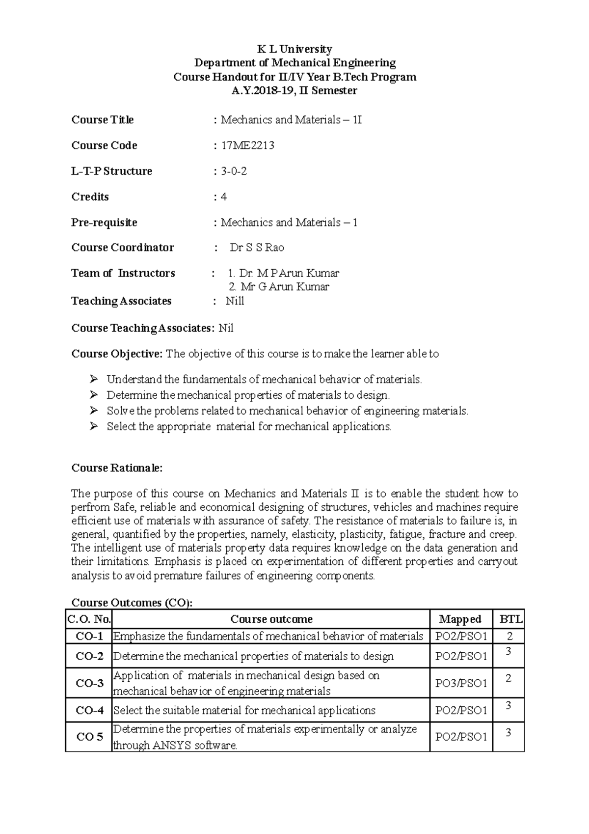 Course handout - K L University Department of Mechanical Engineering ...