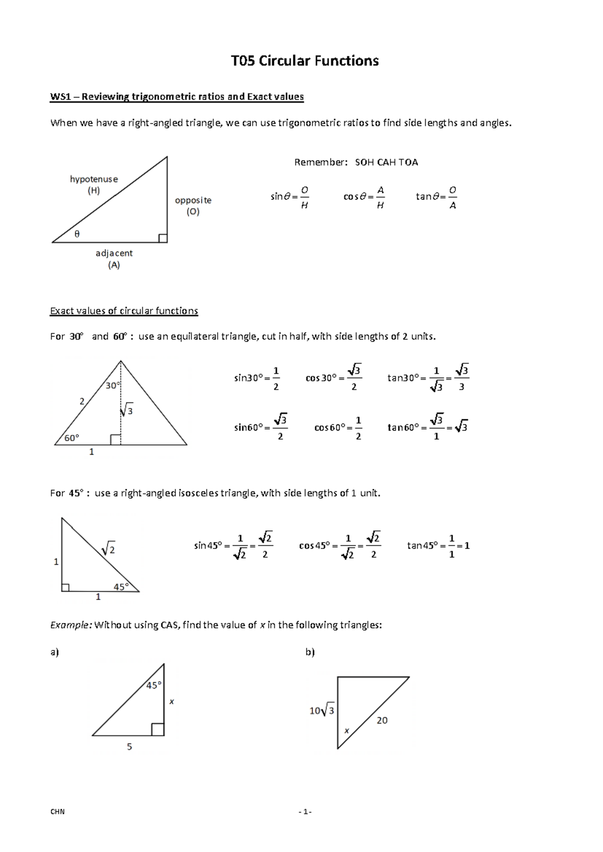 Circular Functions - Worksheet - T0 5 Circular Functions WS1 ...