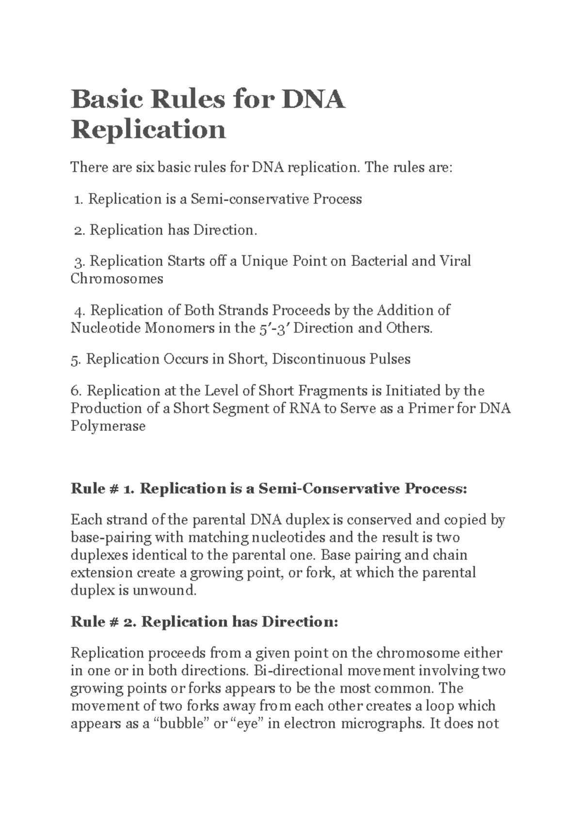 Basic Rules for DNA Replication - The rules are: Replication is a Semi ...