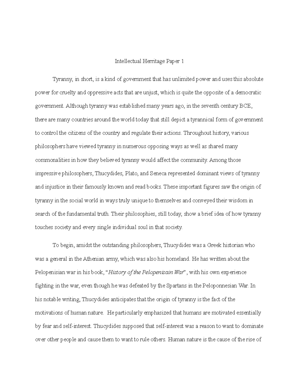 Intellectual Herritage Paper 1 - Although tyranny was established many ...