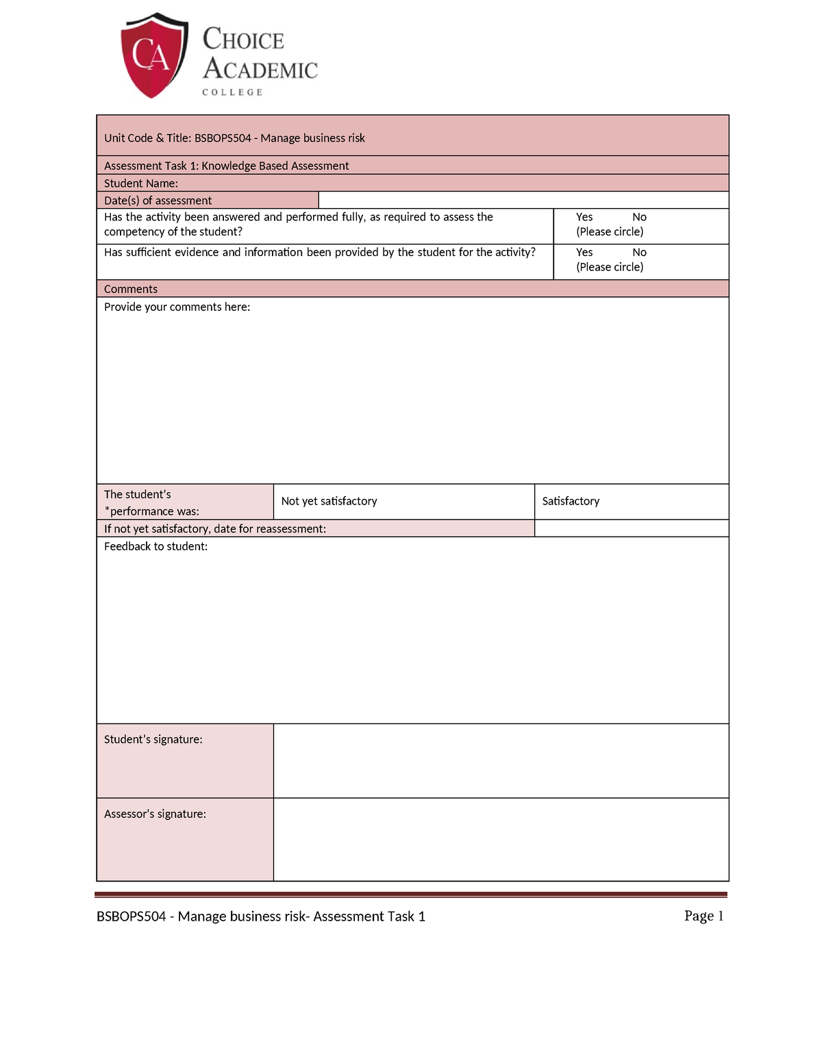 Bsbops 504 - Manage Business Risk- Assessment Task 1 - Unit Code ...