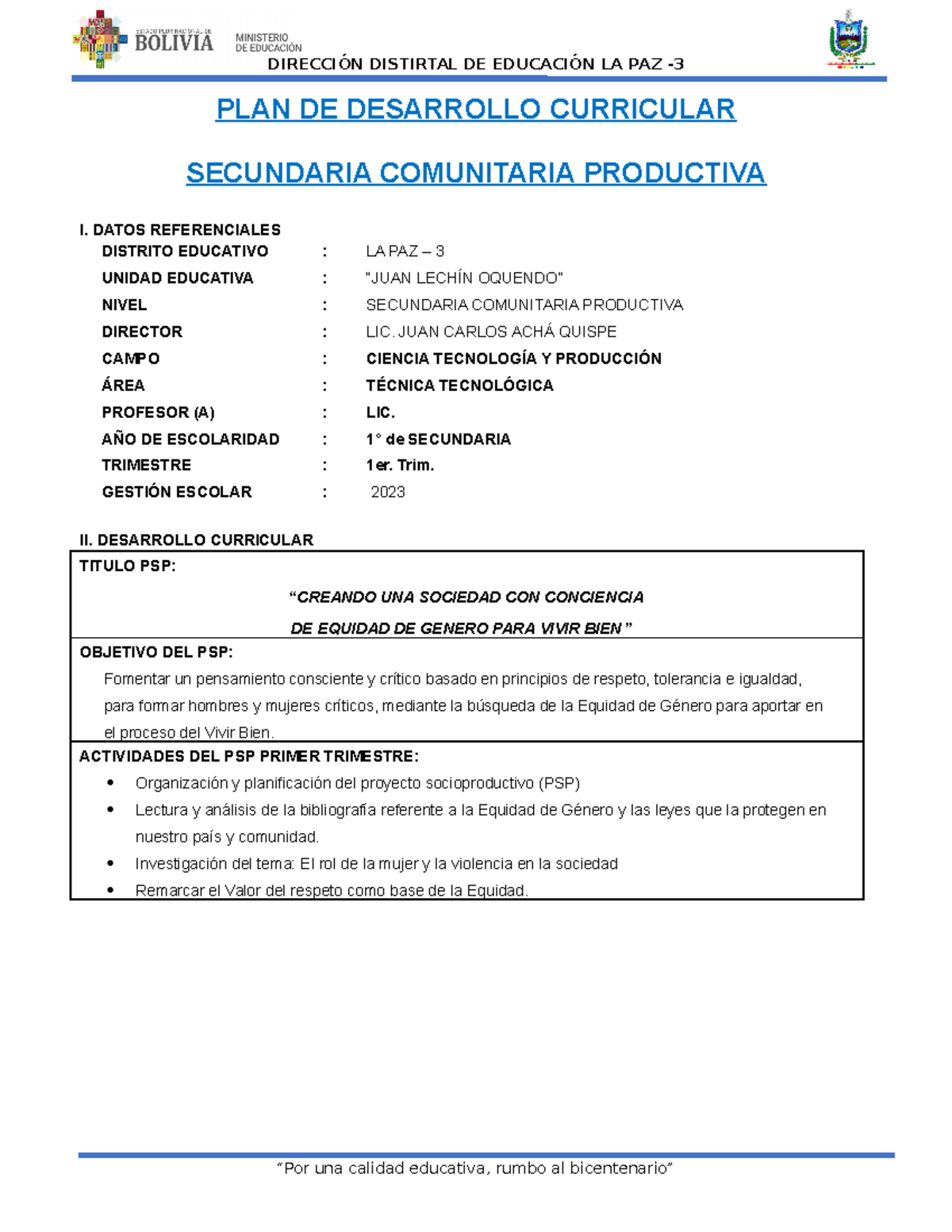 PDC 2023 SEC-1 - Notas - PLAN DE DESARROLLO CURRICULAR SECUNDARIA ...
