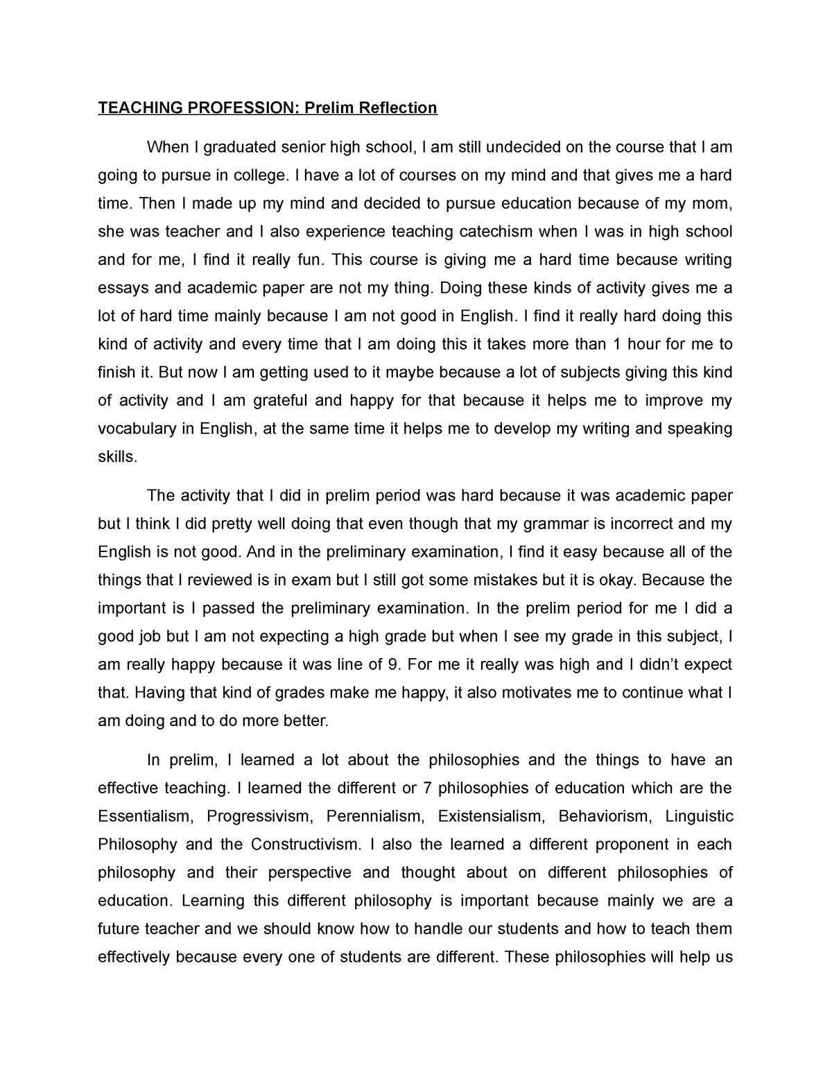 teaching profession reflection essay