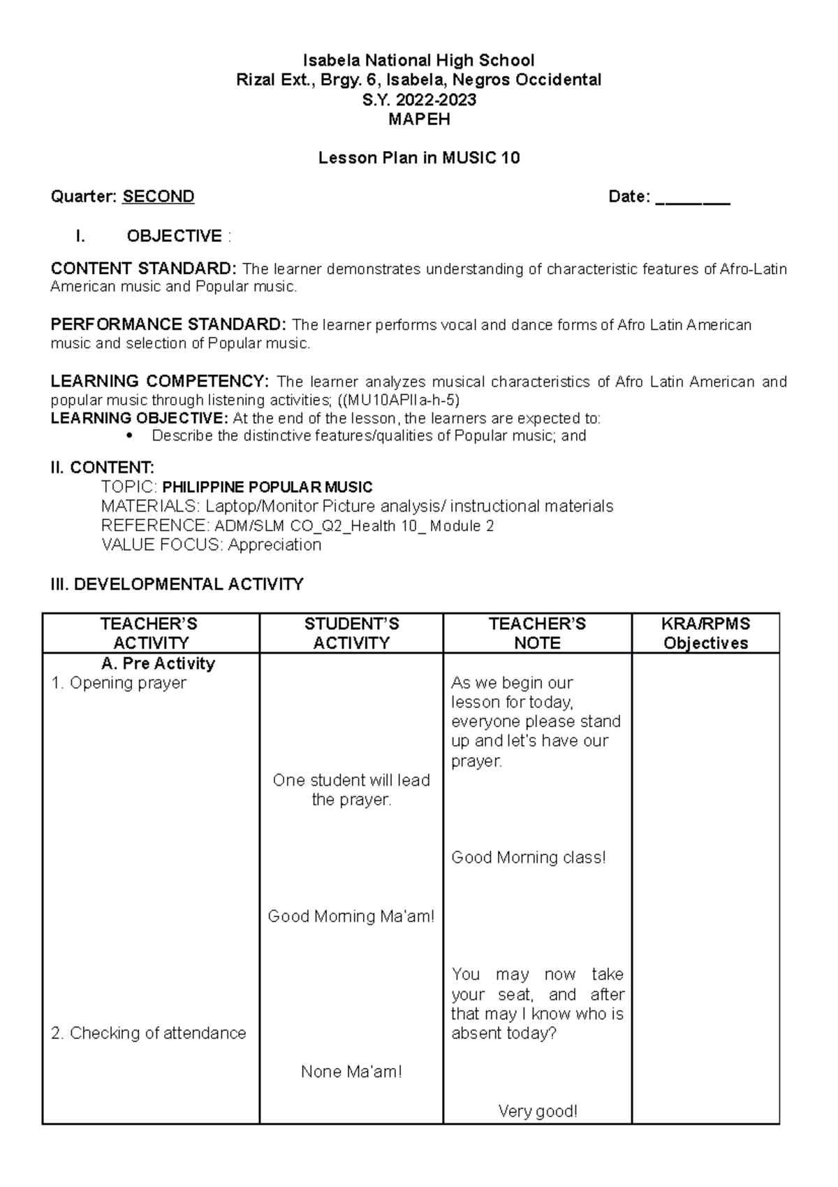 Lesson PLAN Music 10 Q2 - Isabela National High School Rizal Ext., Brgy ...