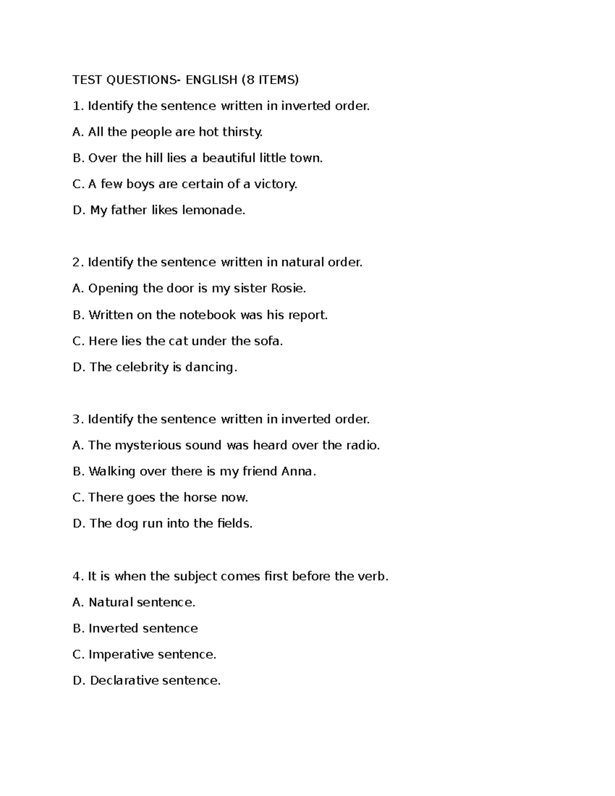 Local media 2224524176968826932 - TEST QUESTIONS- ENGLISH (8 ITEMS ...