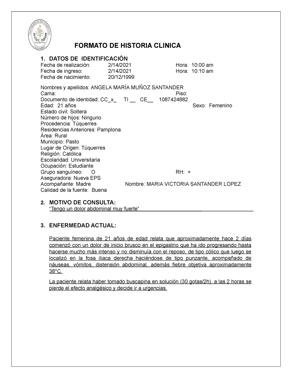 HC Apendicitis Aguda Perforada FORMATO DE HISTORIA CLINICA DATOS DE IDENTIFICACIÓN Fecha de