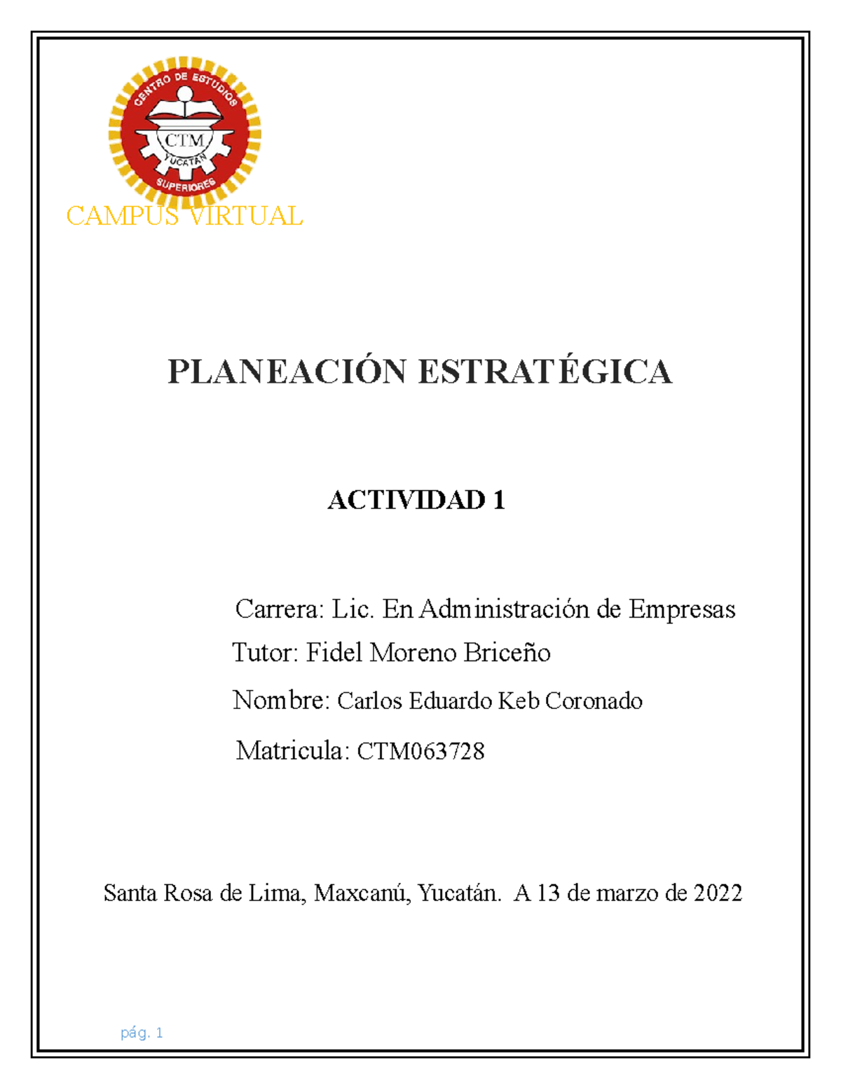Planaeacion Estrategica - Actividad 1 CAMPUS VIRTUAL CTM - ACTIVIDAD 1 ...