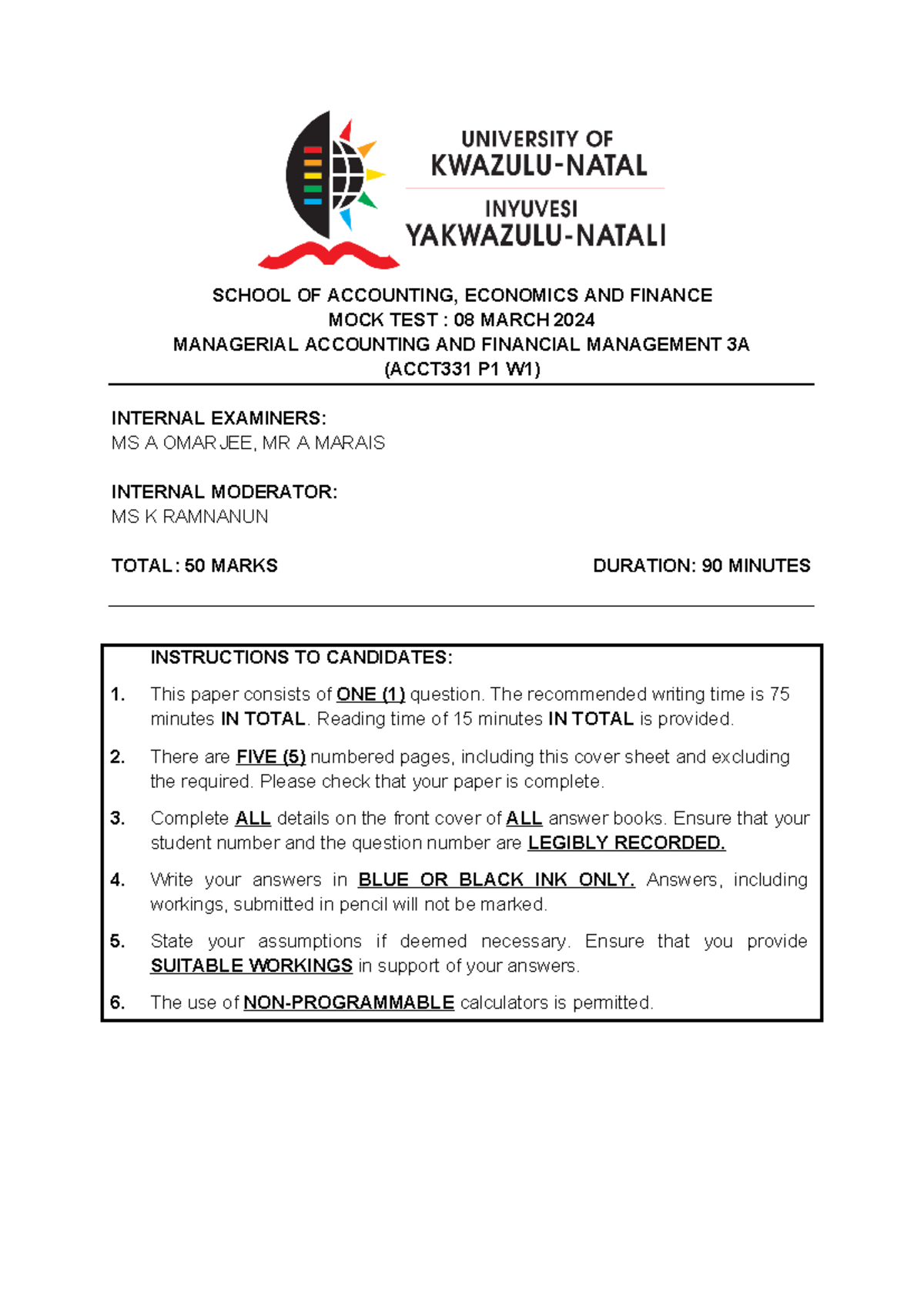 acct 331 Mock Test 2024 INSTRUCTIONS TO CANDIDATES 1. This paper