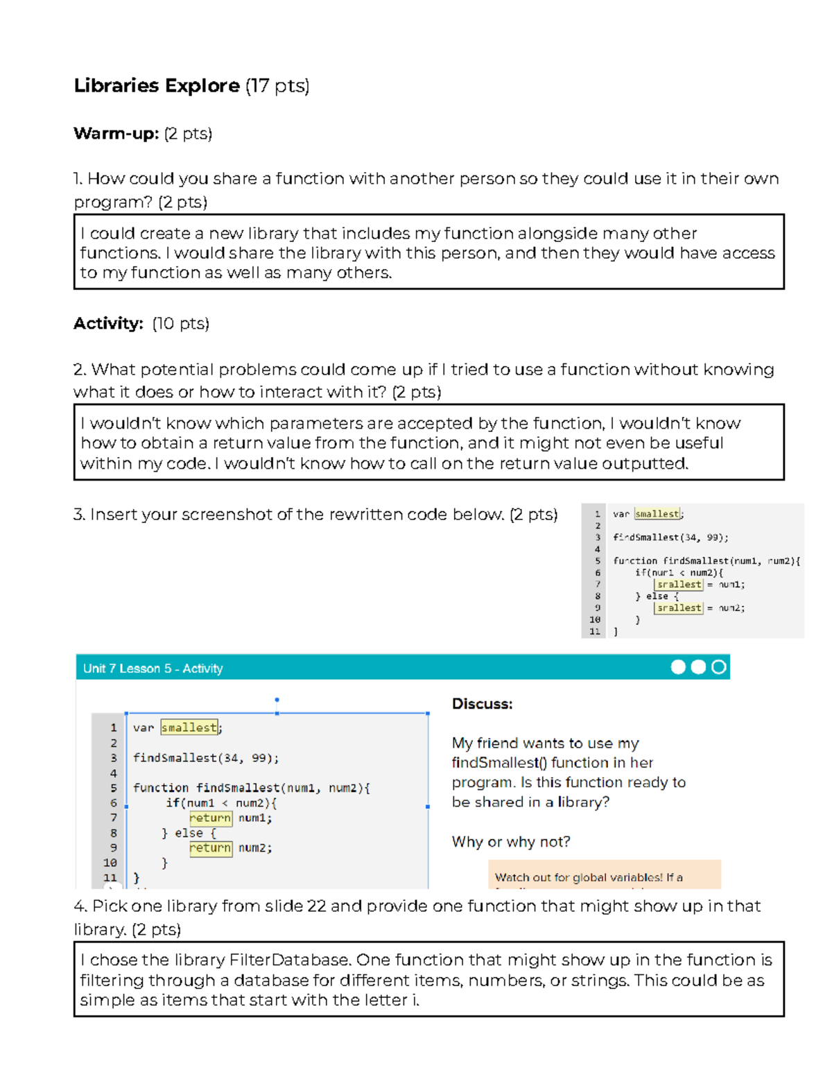 UNIT7LESSON5 WORKSHEET - Libraries Explore (17 pts) Warm-up: (2 pts ...
