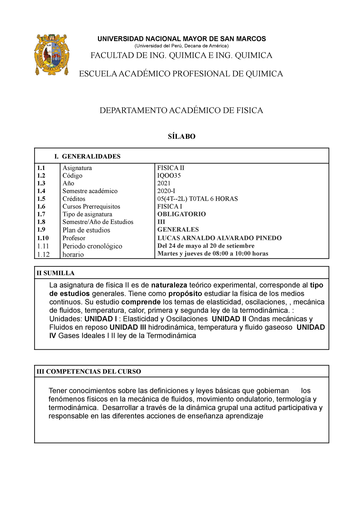 Silabus DE Fisica II Quimica.doc - UNIVERSIDAD NACIONAL MAYOR DE SAN ...