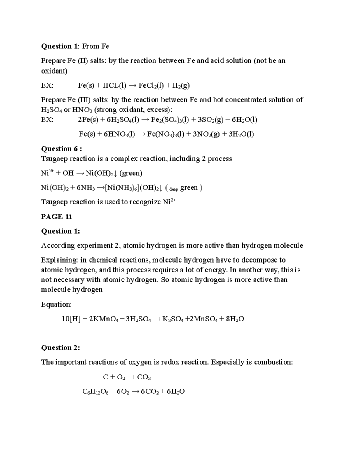 Question 1 - hard - Question 1 : From Fe Prepare Fe (II) salts: by the ...