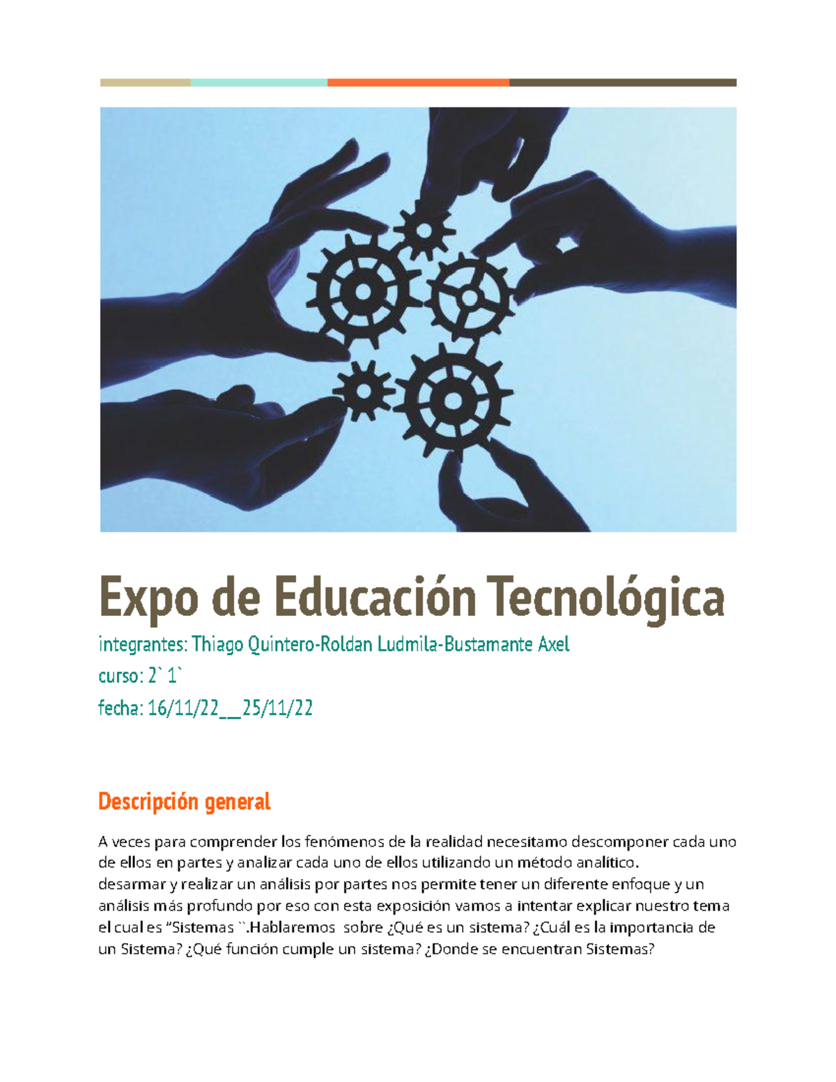 Propuesta de proyecto - Expo de Educación Tecnológica integrantes ...