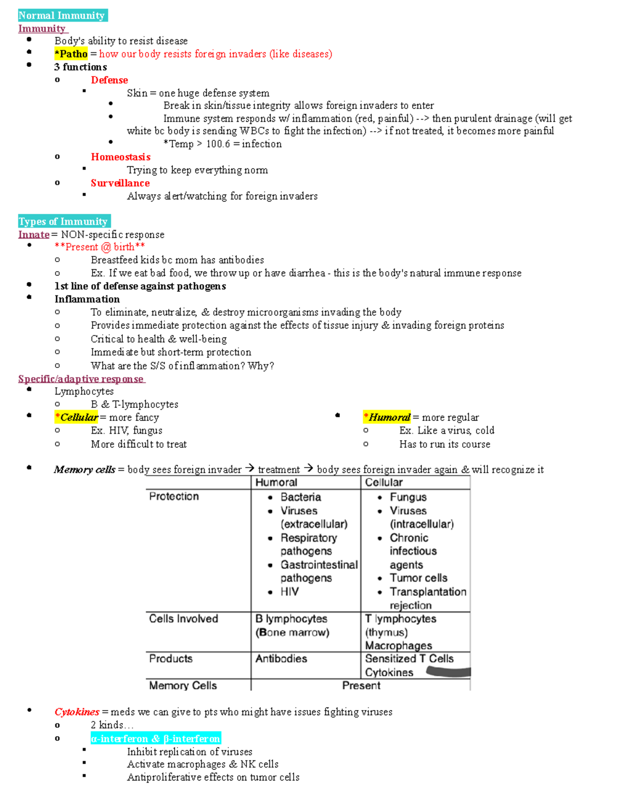 Med surg Immunity HIV AIDS Lecture Notes - Normal Immunity Immunity ...