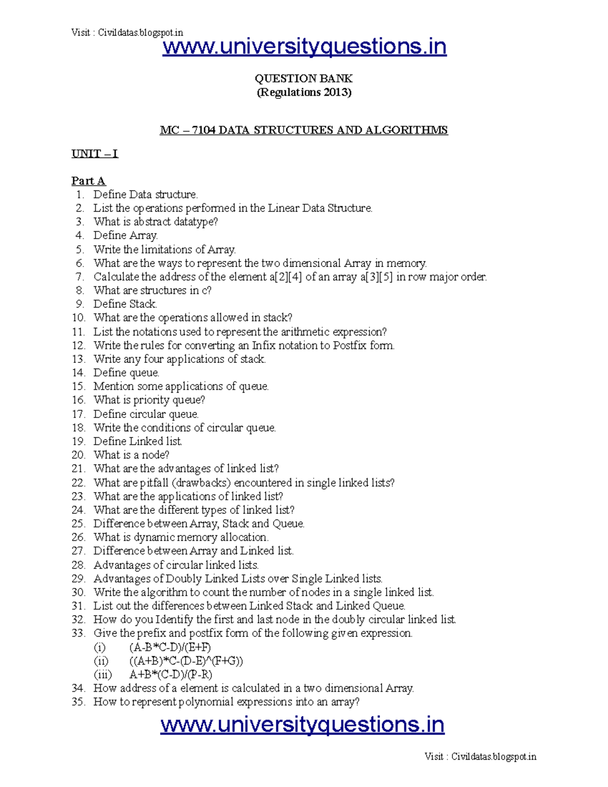 ADSA Question BANK QUESTION BANK (Regulations 2013) MC 7104 DATA STRUCTURES AND ALGORITHMS