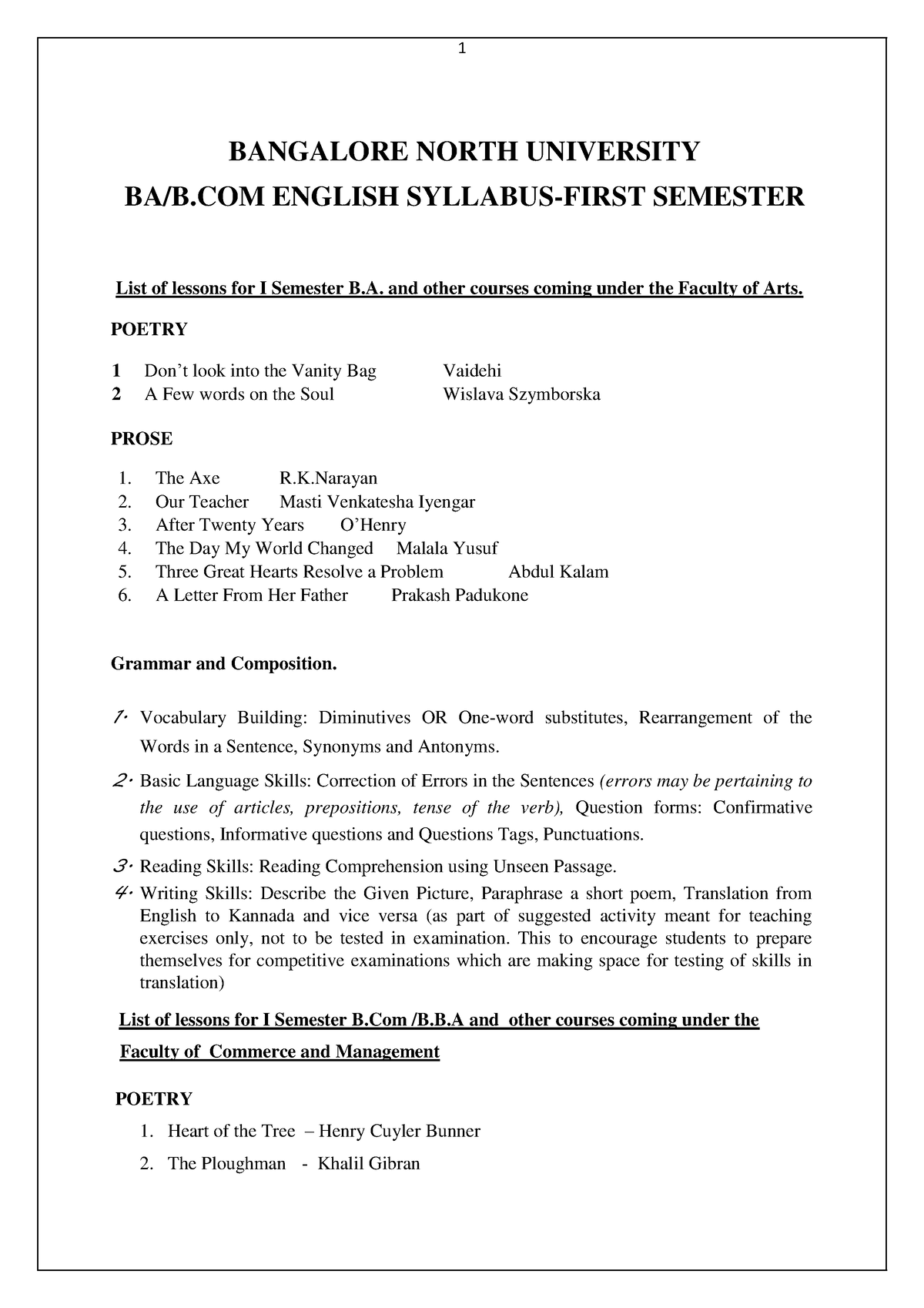 BNU English Syllabus - BANGALORE NORTH UNIVERSITY BA/B ENGLISH SYLLABUS ...