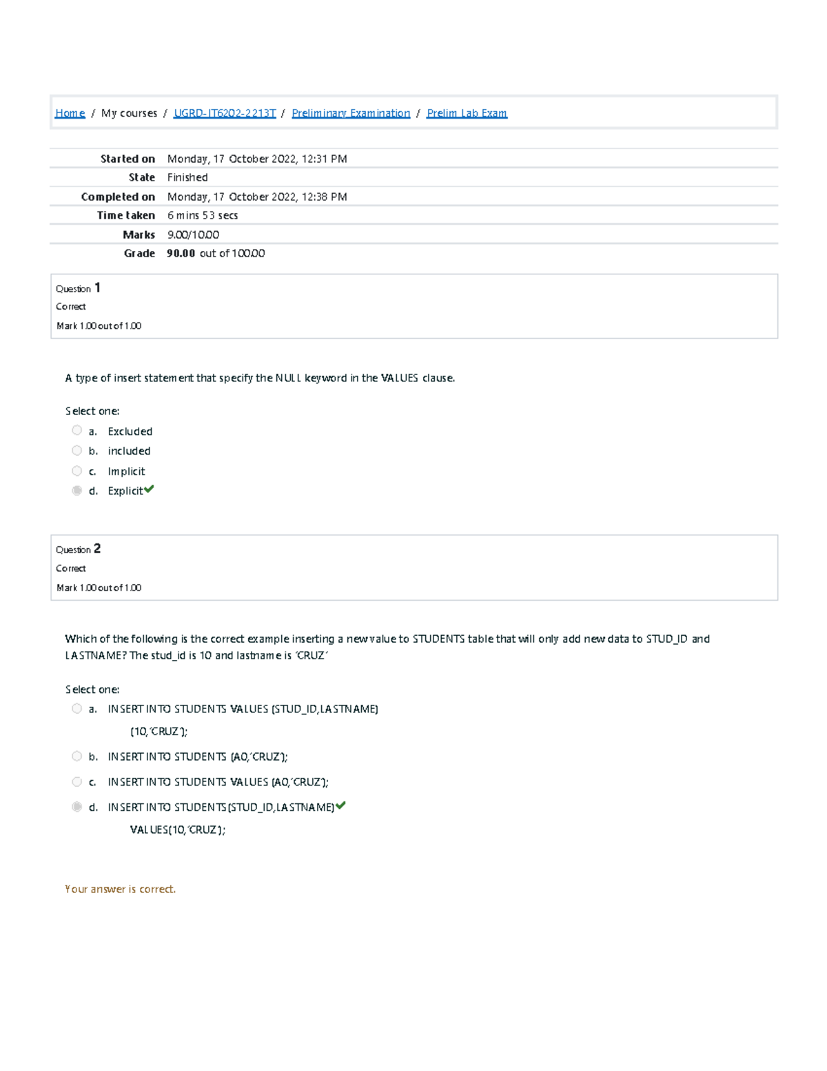 Prelim Lab Exam 1 Attempt Review - Home / My Courses / UGRD-IT6202 ...