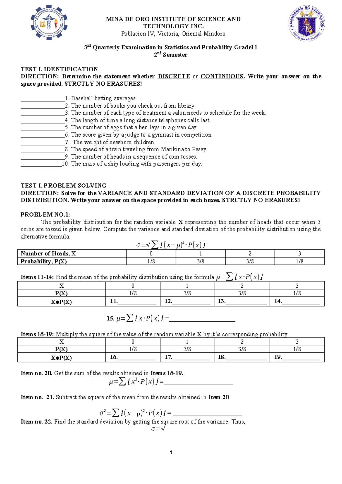 3rd Quarterly Examination in Statistics and probability Grade 11 2nd