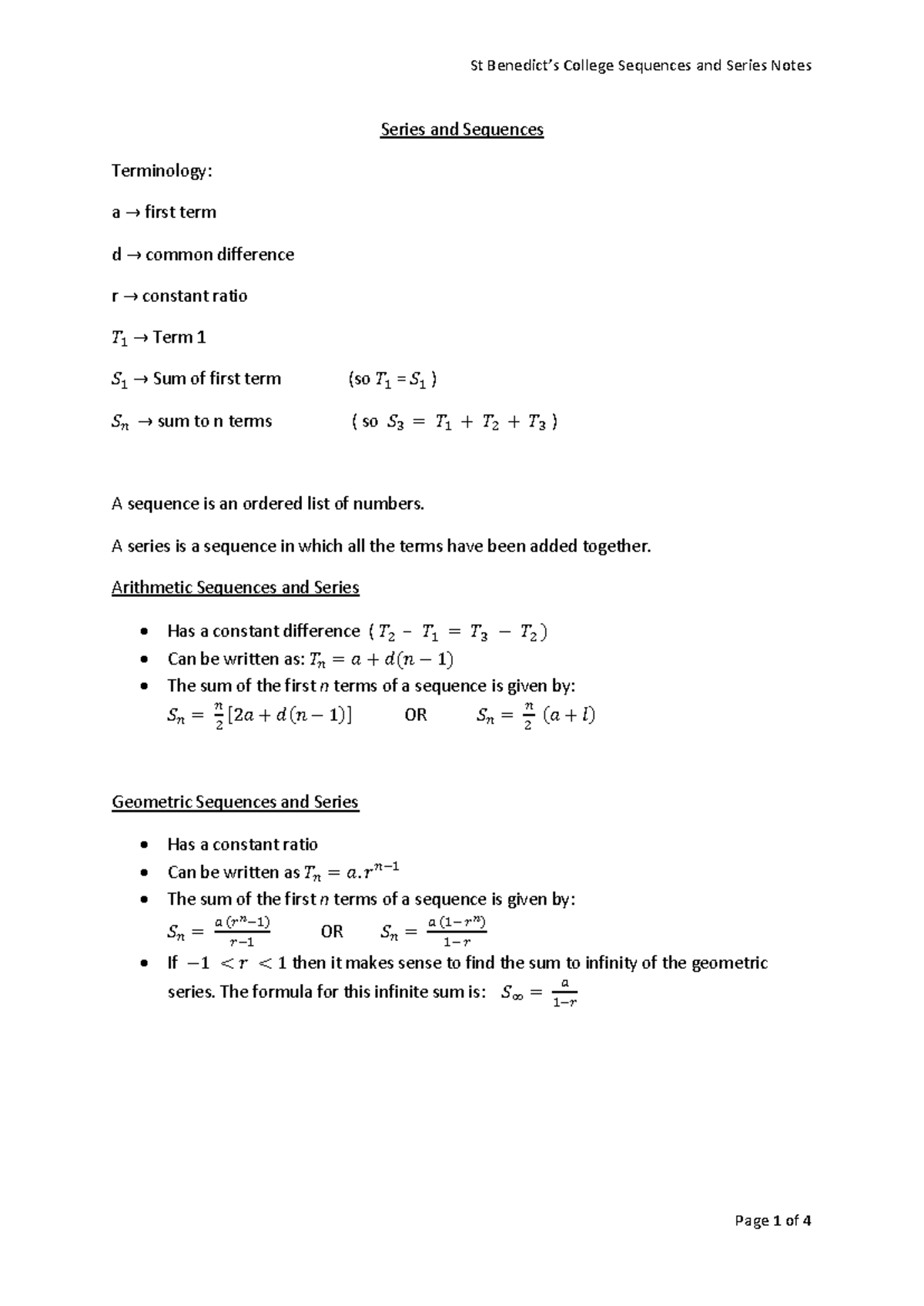 4. Sequences and Series Notes - Series and Sequences Terminology: a ...