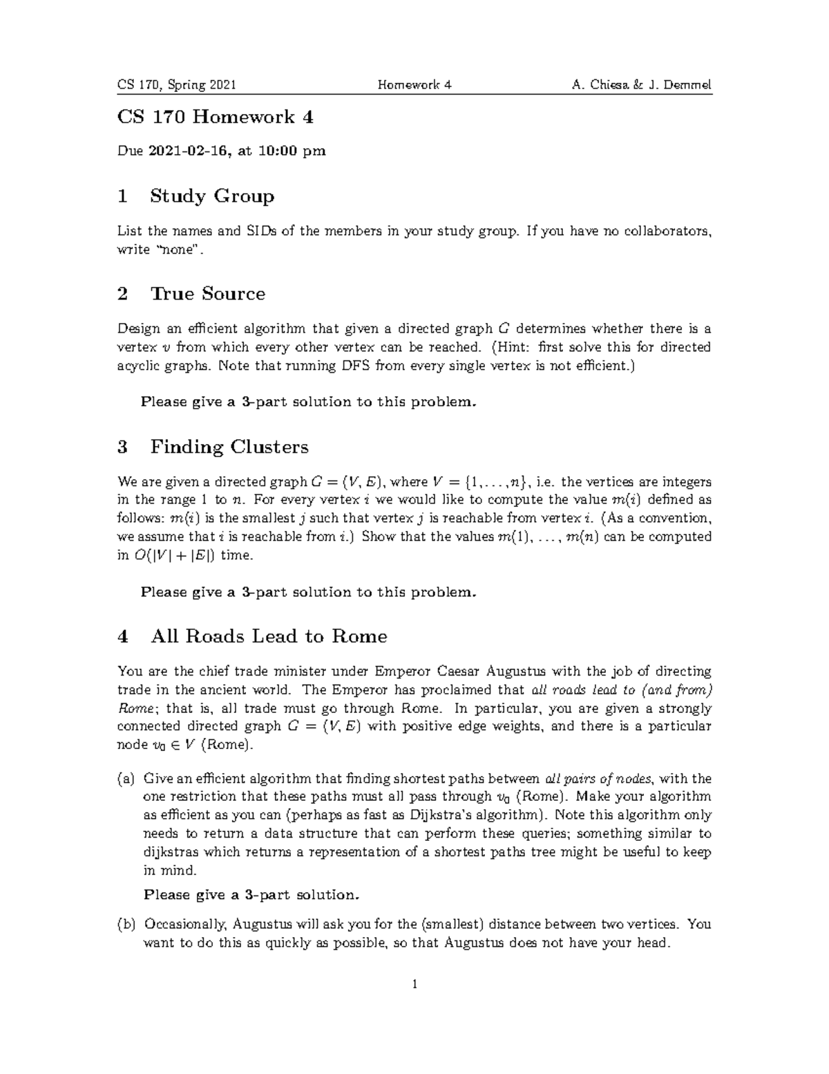 Hw04 HW4 CS 170, Spring 2021 Homework 4 A. Chiesa & J. Demmel CS