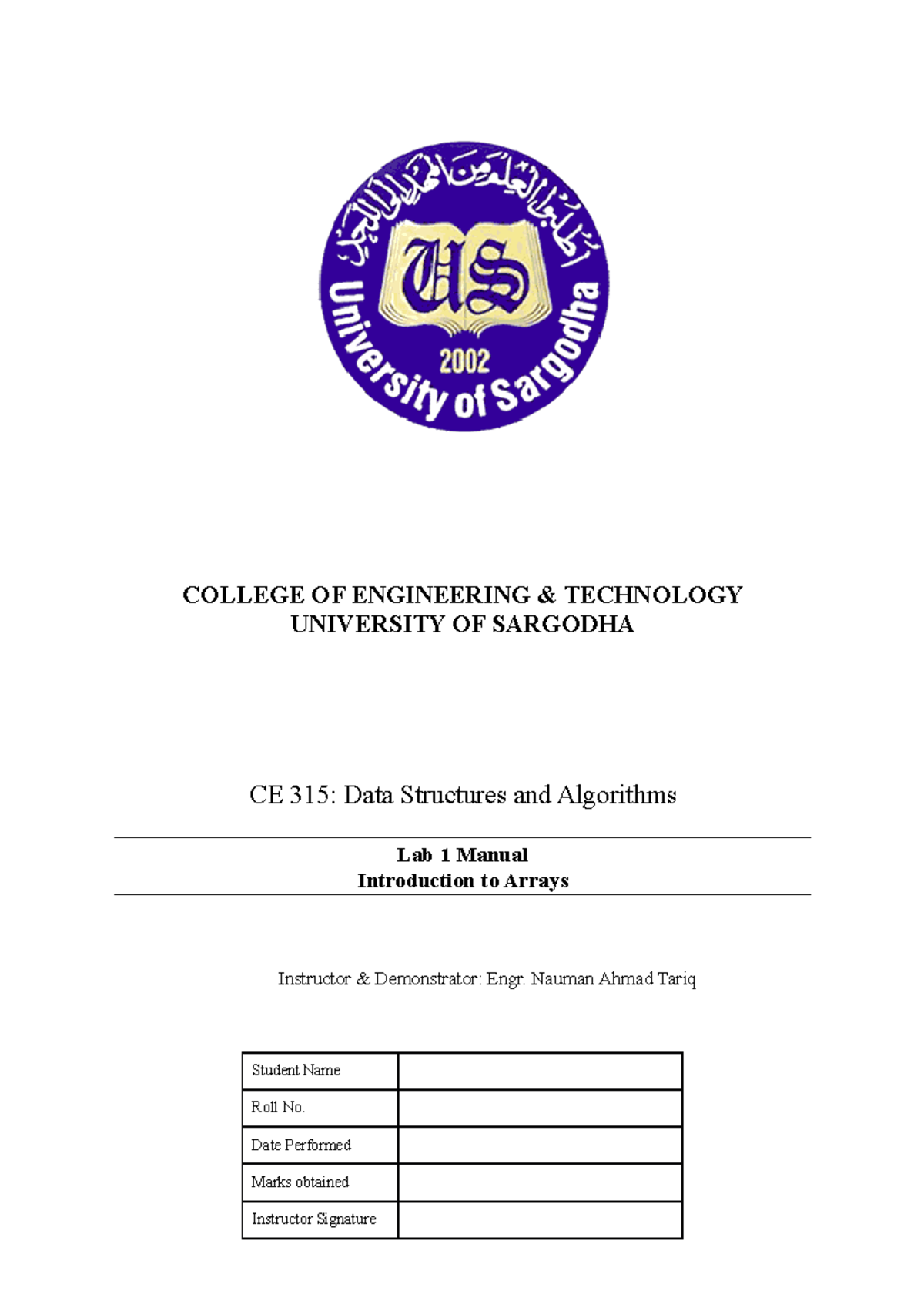 Lab Manual 1 - Lab Manuak - COLLEGE OF ENGINEERING & TECHNOLOGY ...