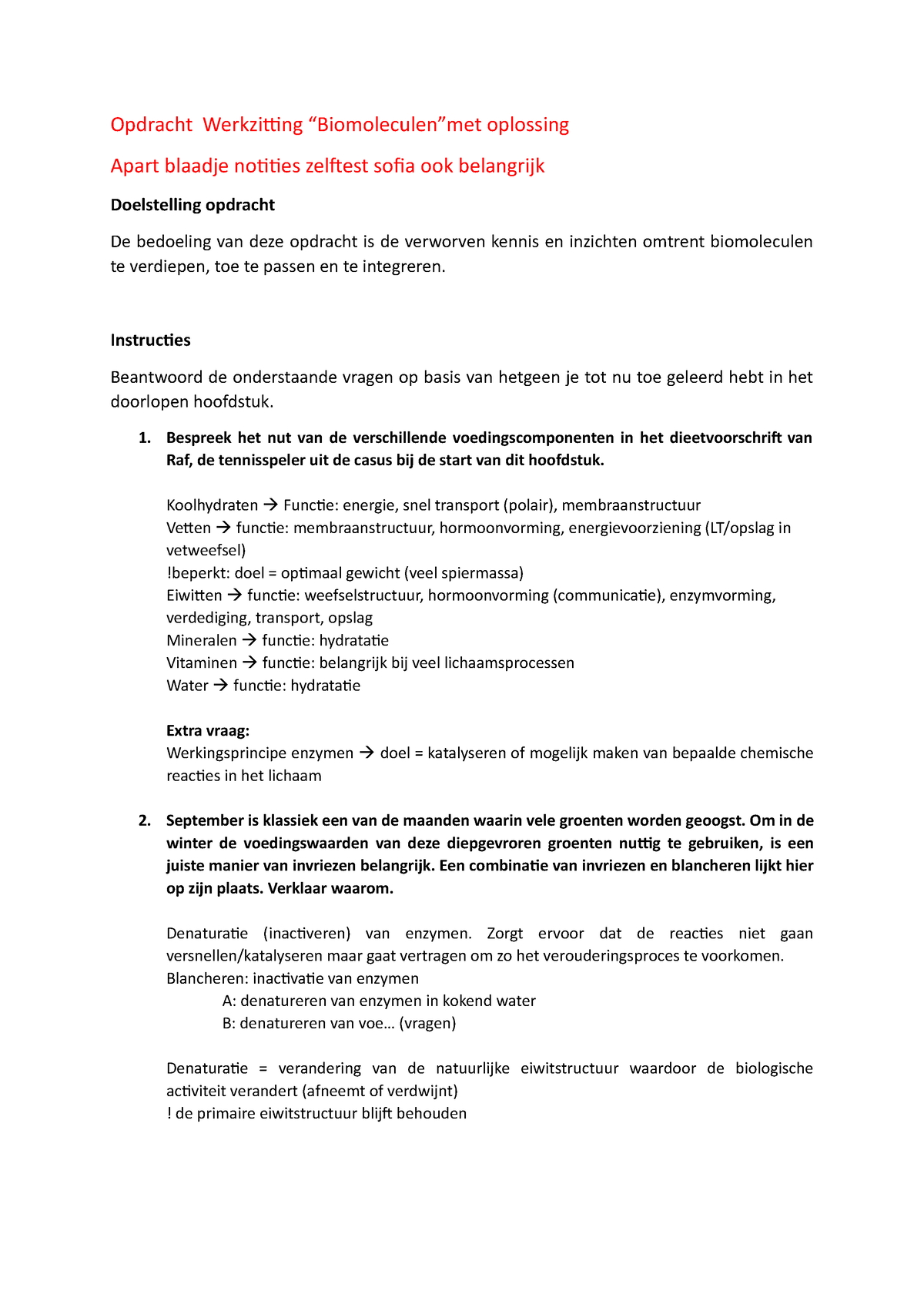 WZ Biomoleculen MET Oplossing - Opdracht Werkzitting “Biomoleculen”met ...