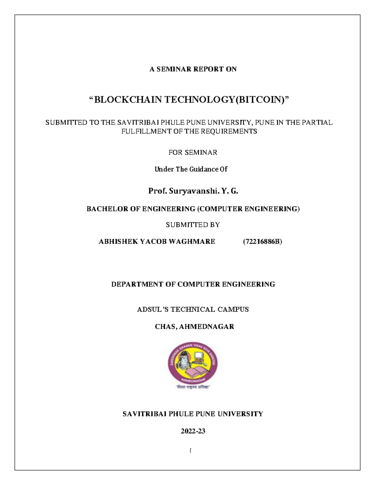 block chain report i A SEMINAR REPORT ON “BLOCKCHAIN TECHNOLOGY