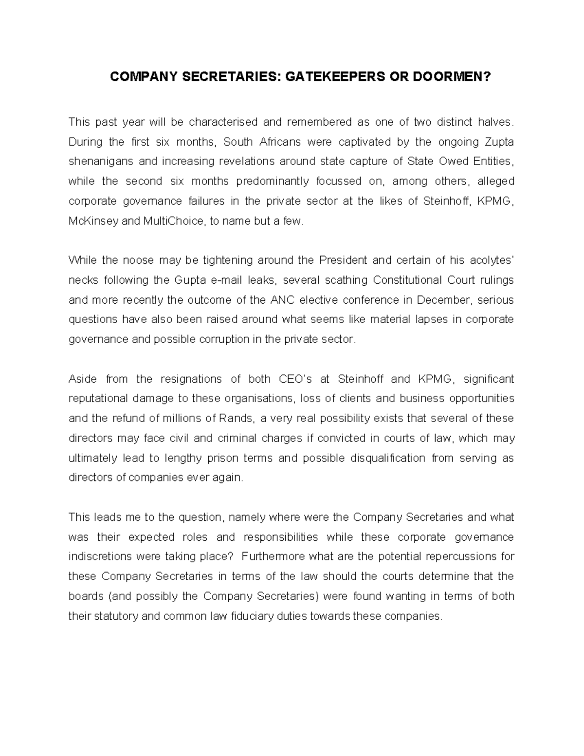 Company Secretaries Gatekeepers or Doormen - COMPANY SECRETARIES ...