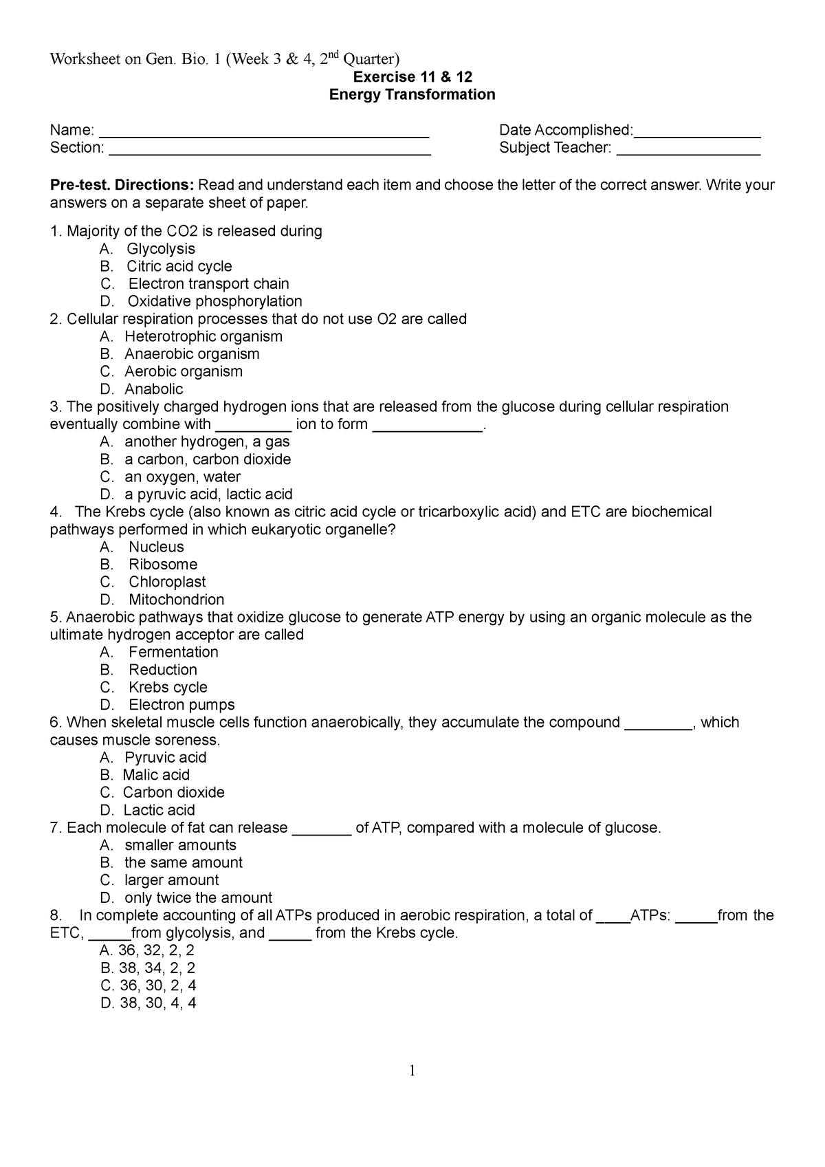 LAS WEEK 3 4 Gen Bio 1 - Exercise 11 & 12 Energy Transformation Name ...