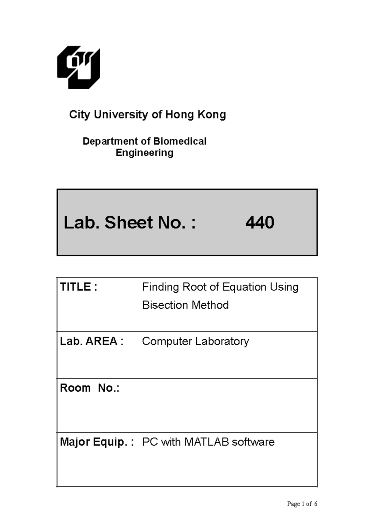 Labsheet 440 - City University of Hong Kong Department of Biomedical ...