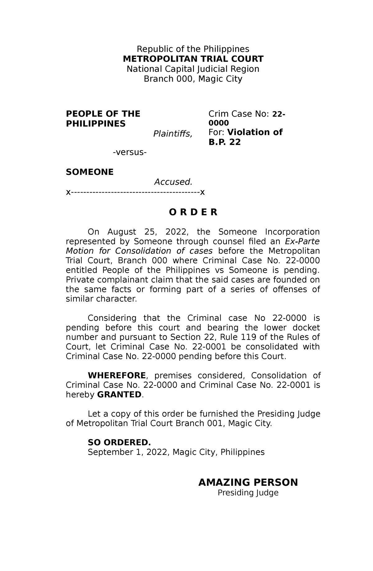 Sample Order Of Consolidation Of Cases Republic Of The Philippines Metropolitan Trial Court 0917