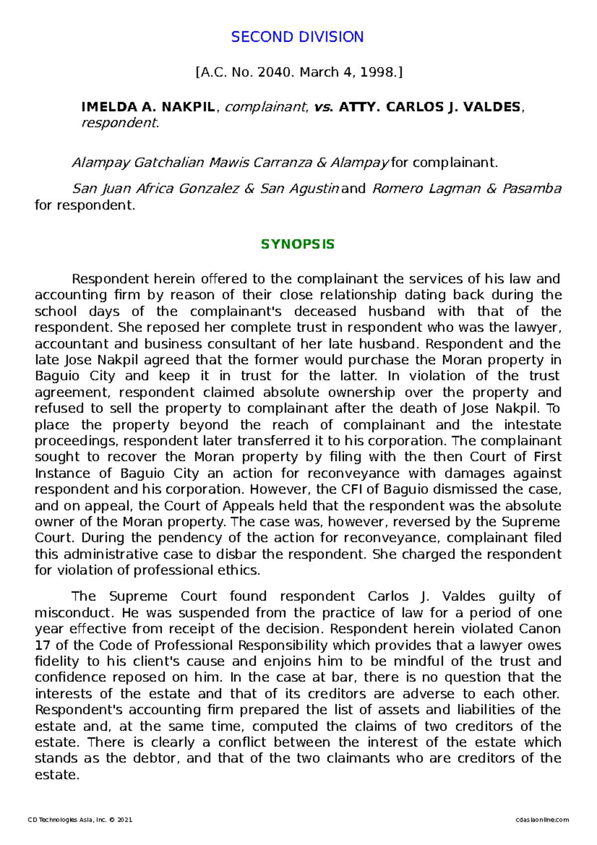 26. Nakpil vs. Valdes - Constitutional Law - SECOND DIVISION [A. No ...