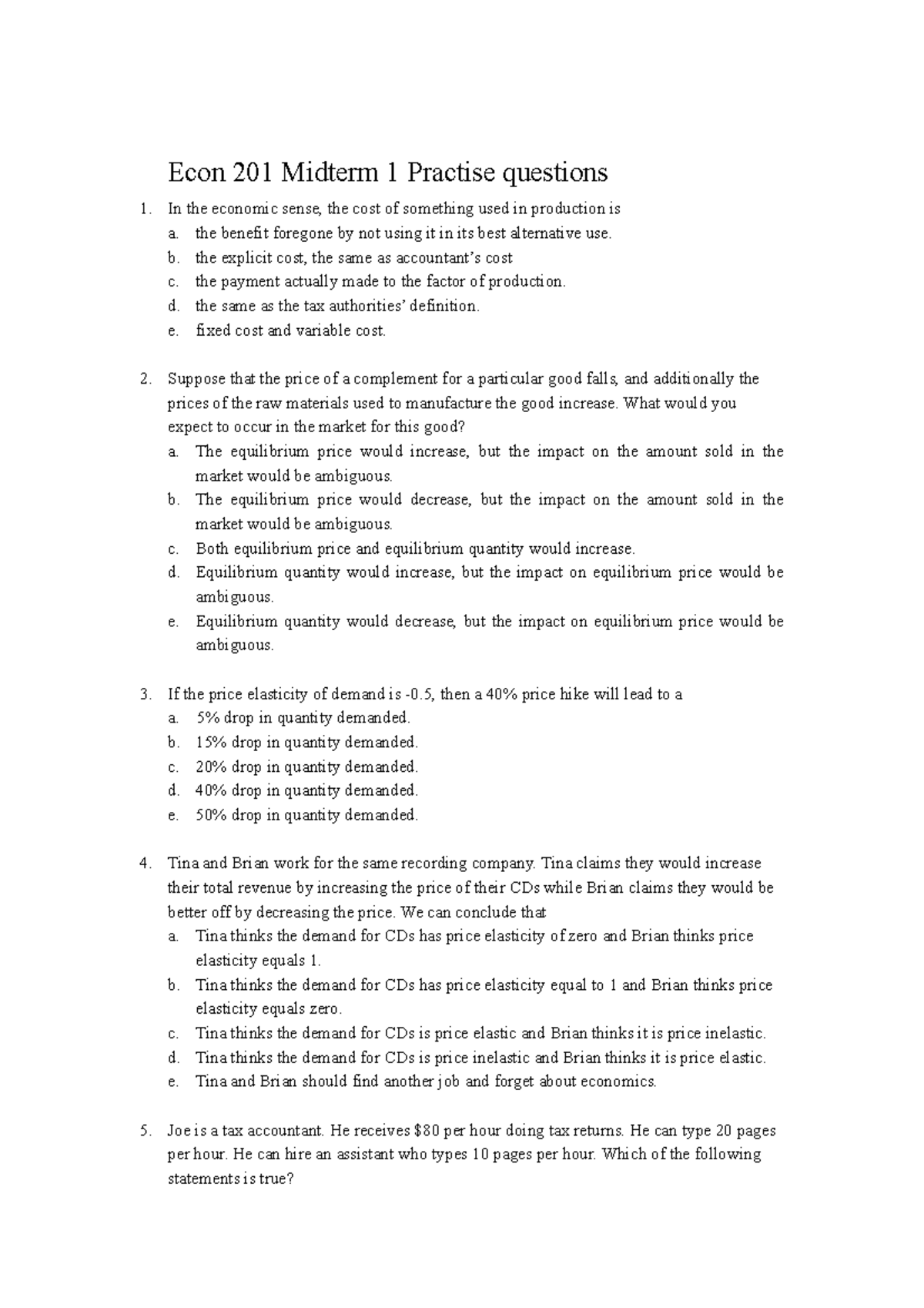 Econ 201 Midterm 1 Practise questions-No answer version - Econ 201 ...