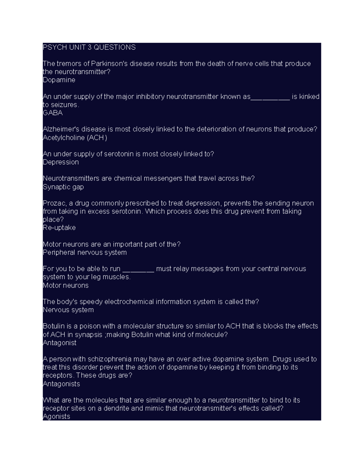 Psych UNIT 3 Review Questions PSYCH UNIT 3 QUESTIONS The tremors of