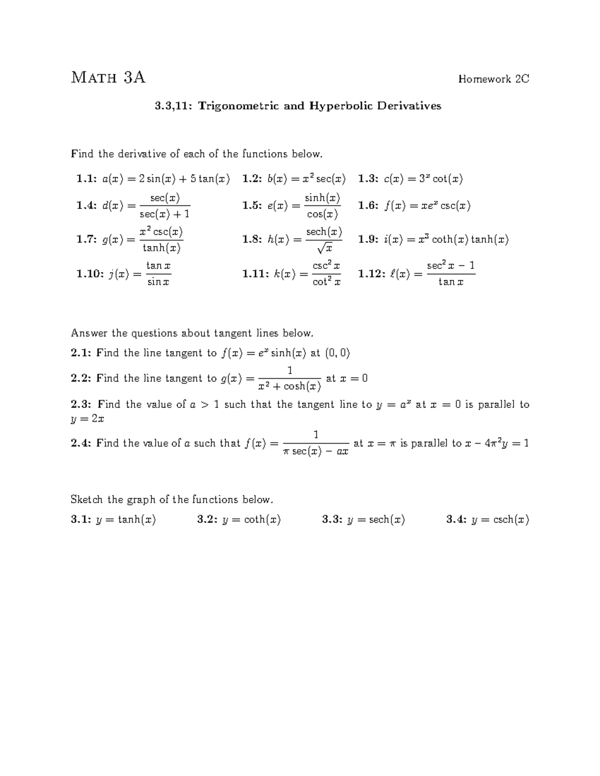 3a Hw 2c Math Math 3a Homework 2c 311 Trigonometric And