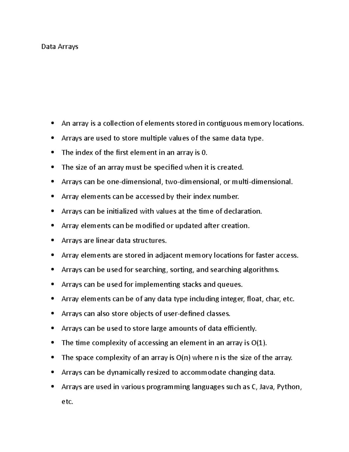 Data Arrays notes - Data Arrays An array is a collection of elements ...