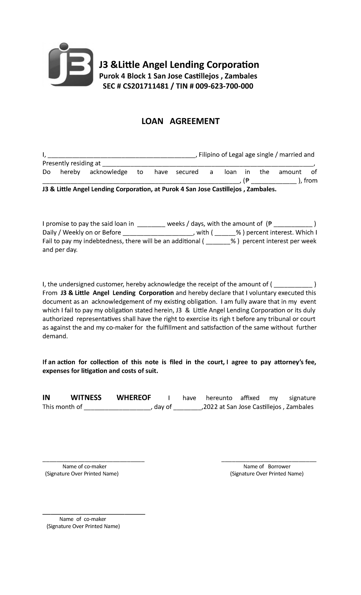 New loan agreement Tutorial about on the job training if it is all