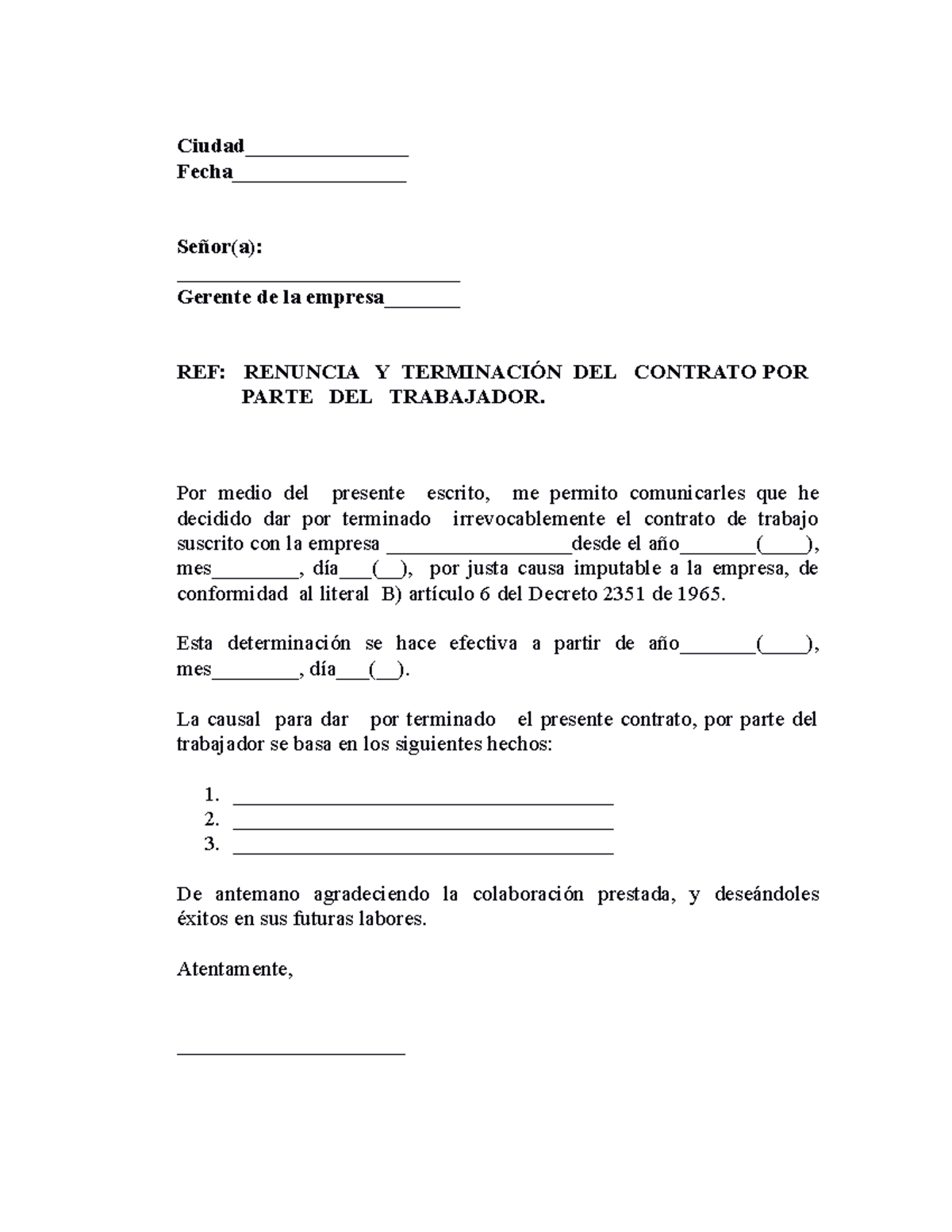 Carta Renuncia Y Terminacion Contrato Trabajador Ciudad Fecha 3504