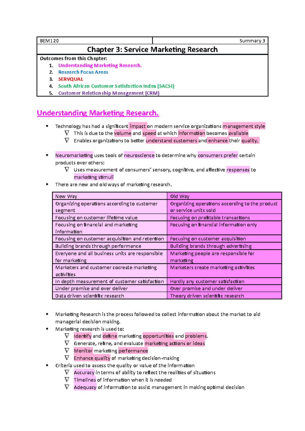 Chapter 3 - BEM120 Summary 3 Chapter 3: Service Marketing Research ...