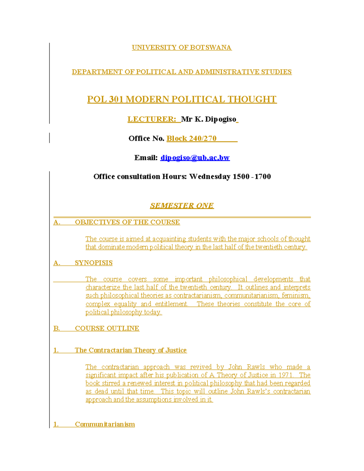 POL 301 - course outline - UNIVERSITY OF BOTSWANA DEPARTMENT OF ...