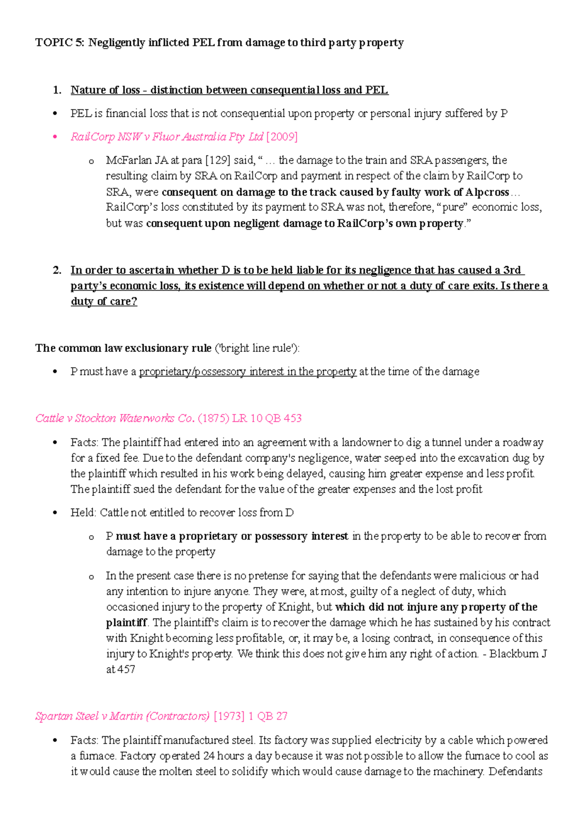 TC2 topic 5 notes - TOPIC 5: Negligently inflicted PEL from damage to ...